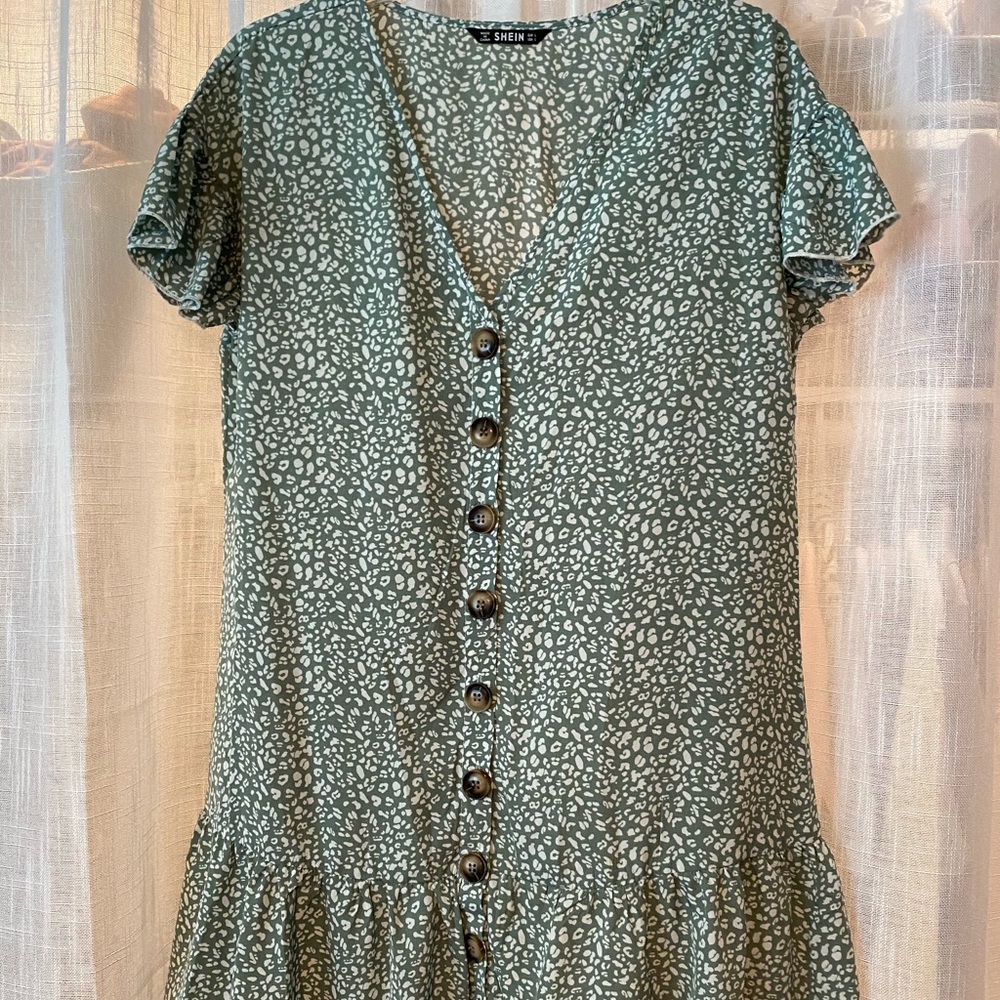 Green V Neck Button Dress